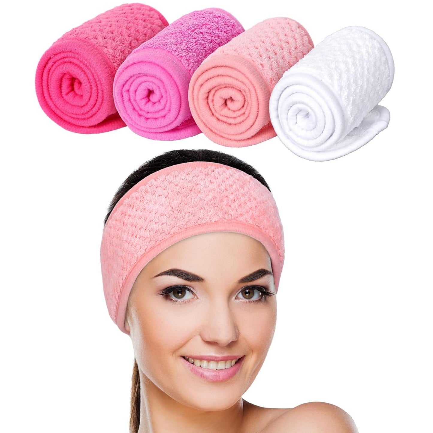 Whaline 4 Pack Spa Facial Headband Makeup Hair Wrap Adjustable Hair Band Soft Towel Head Band for Face Washing, Shower Sports Yoga (Pea Green, Pink, Beige, Light Gray)
