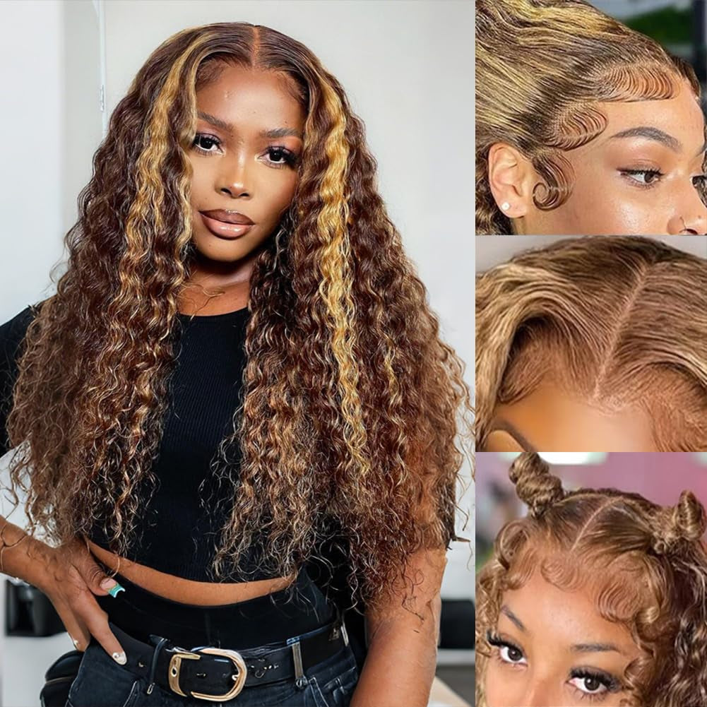Honey Blonde 13X4 Deep Wave Lace Front Wigs Human Hair Pre Plucked with Baby Hair 4/27 Highlight Glueless HD Transparent Lace Frontal Wigs for Black Women 180 Density (26 Inch)