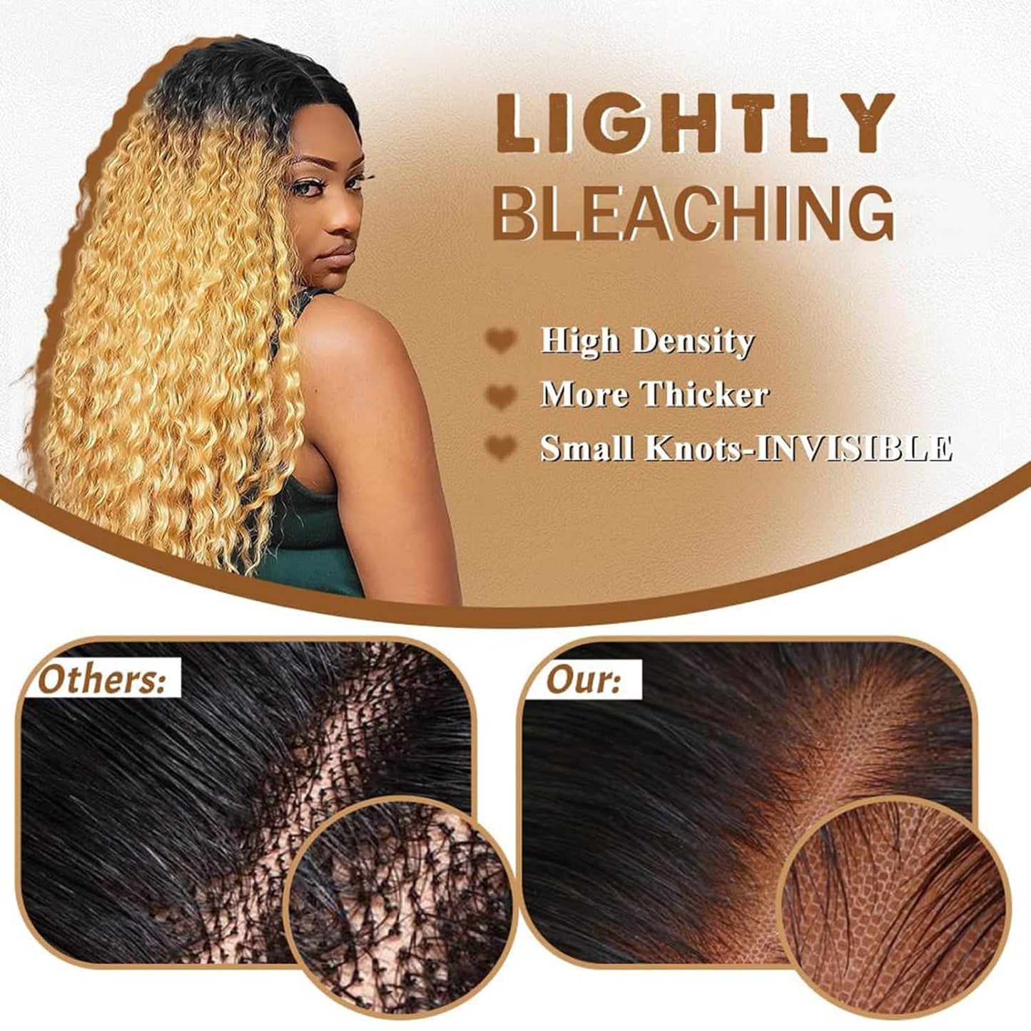 Omber Brown 27 Deep Wave Lace Front Wigs Human Hair Colored Lace Frontal Wig for Women 4X4 HD Lace Blonde Curly Wig Human Hair Pre Plucked with Baby Hair 200% Density, 28 Inch