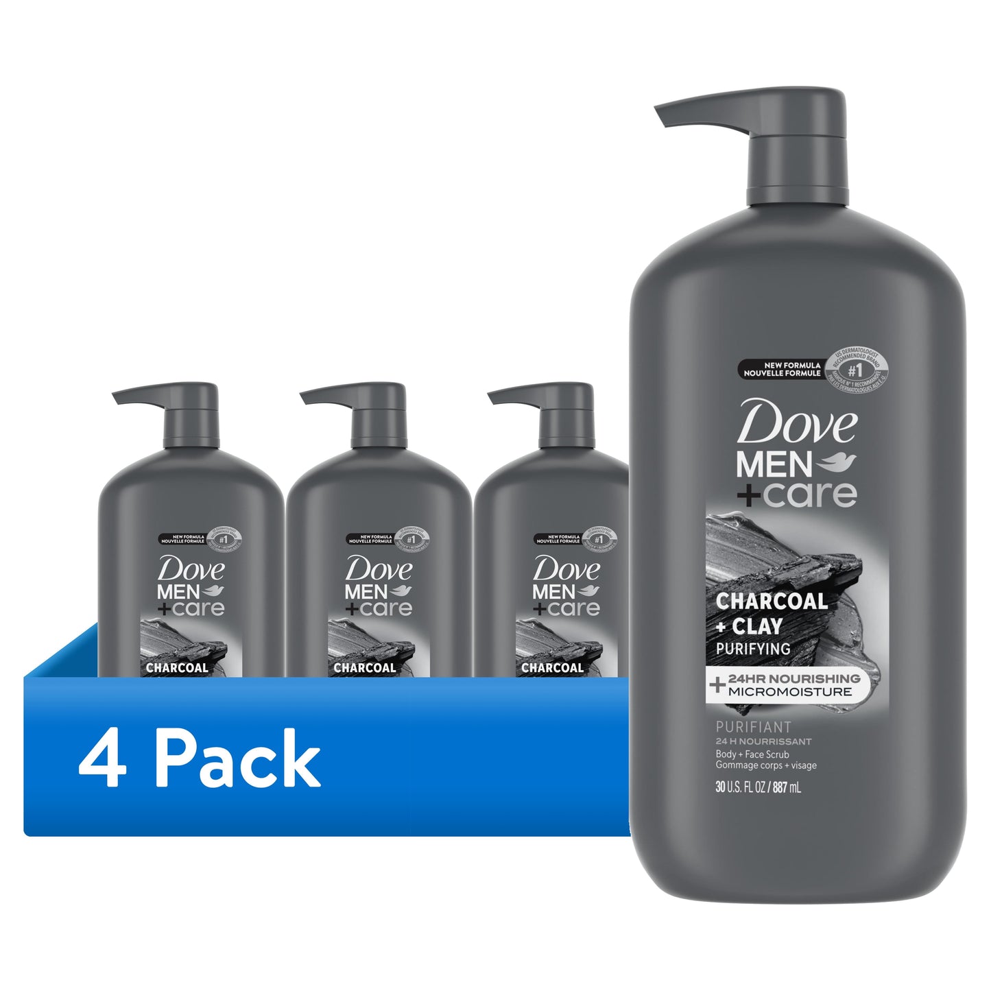 (4 Pack) Purifying Hydrating Face & Body Wash for Men Charcoal & Clay, 30 Oz