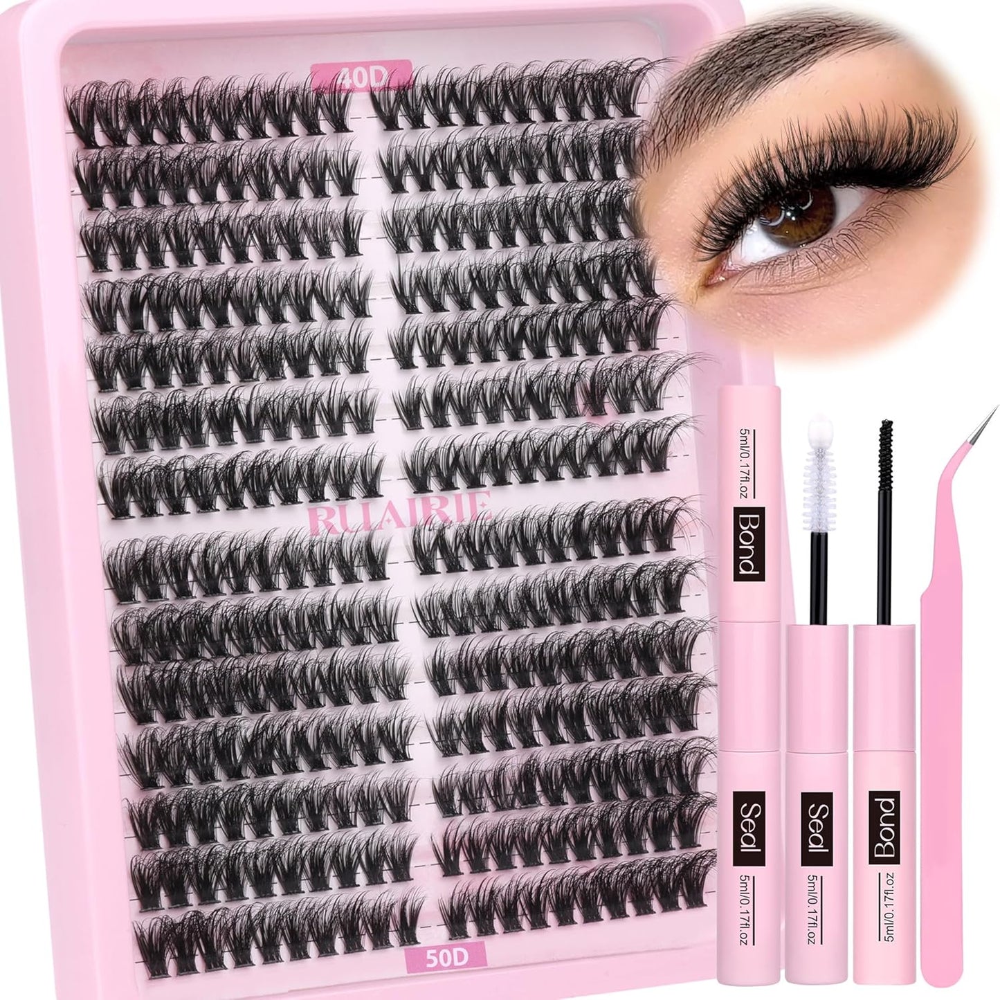 Lash Extension Kit Full Lash Clusters Kit 280Pcs Volume Eyelash Extension Kit 100D/150D 2 Styles Eyelash Clusters Kit Bond and Seal Lash Glue with Tweezers Thick Individual Lashes Kit by Ruairie