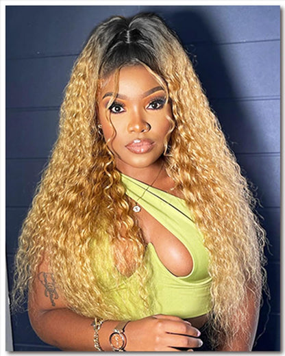 Omber Brown 27 Deep Wave Lace Front Wigs Human Hair Colored Lace Frontal Wig for Women 4X4 HD Lace Blonde Curly Wig Human Hair Pre Plucked with Baby Hair 200% Density, 28 Inch