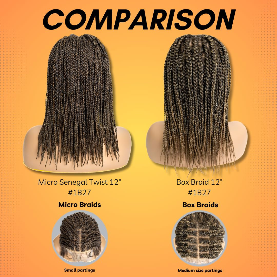 PIB 12” Single Full Lace Braid Wig – Micro Senegal Twist Braided Wig, Knotless Braided Wigs for Black Women (#1B27, off Black and Light Brown)