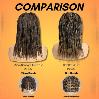 PIB 12” Single Full Lace Braid Wig – Micro Senegal Twist Braided Wig, Knotless Braided Wigs for Black Women (#1B27, off Black and Light Brown)