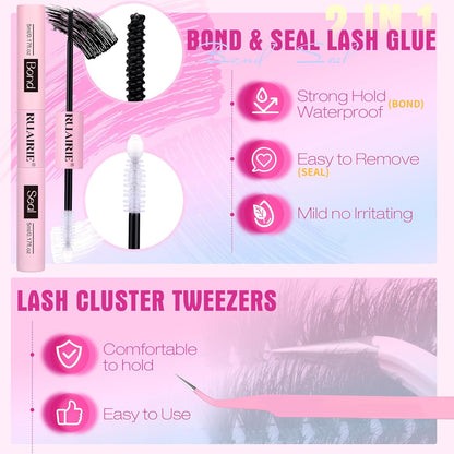 Lash Extension Kit Full Lash Clusters Kit 280Pcs Volume Eyelash Extension Kit 100D/150D 2 Styles Eyelash Clusters Kit Bond and Seal Lash Glue with Tweezers Thick Individual Lashes Kit by Ruairie