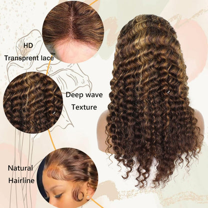 Honey Blonde 13X4 Deep Wave Lace Front Wigs Human Hair Pre Plucked with Baby Hair 4/27 Highlight Glueless HD Transparent Lace Frontal Wigs for Black Women 180 Density (26 Inch)