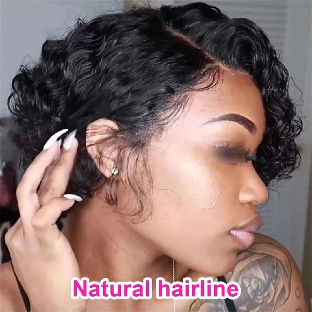Suwequest Pixie Cut Wig Short Bob Curly Human Hair Wigs Transparent Lace Natural Color Water Wave Human Hair Wigs