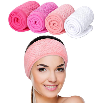 Whaline 4 Pack Spa Facial Headband Makeup Hair Wrap Adjustable Hair Band Soft Towel Head Band for Face Washing, Shower Sports Yoga (Pea Green, Pink, Beige, Light Gray)