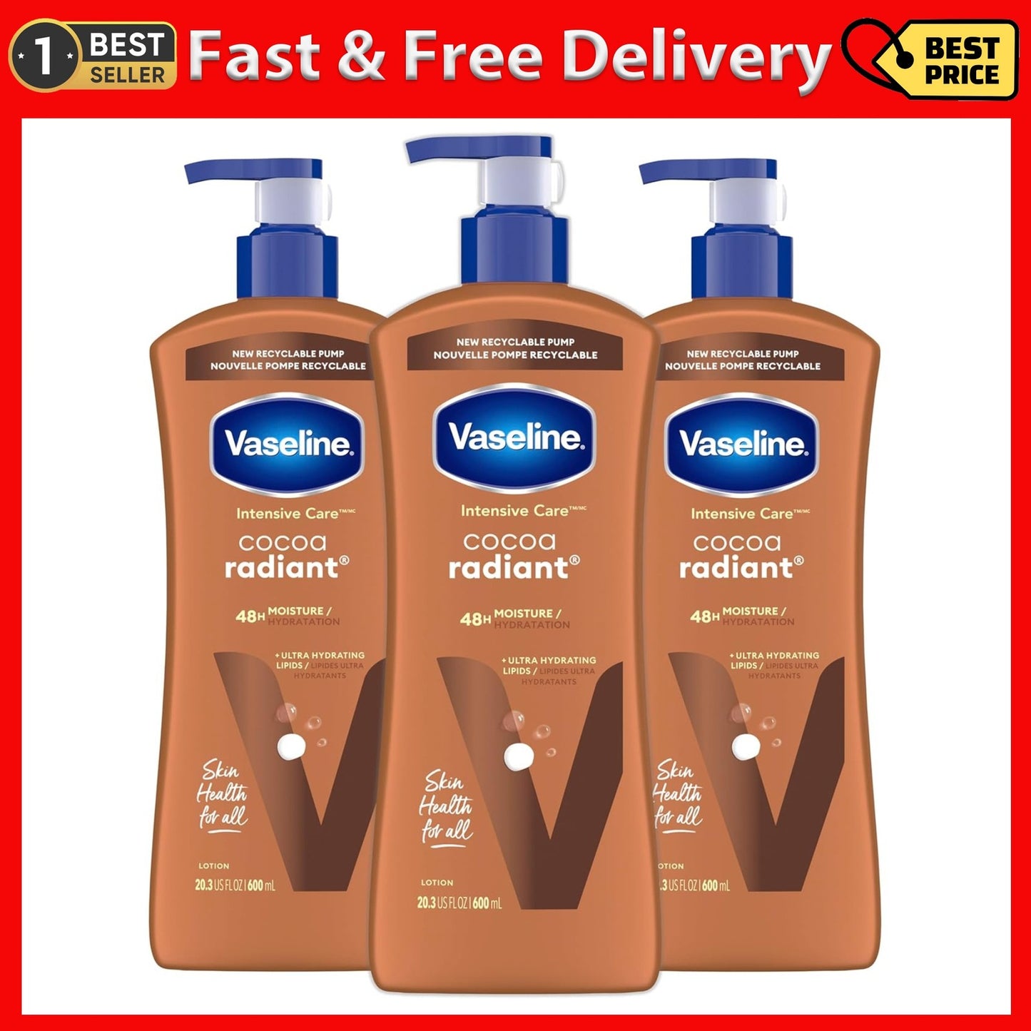 3 Vaseline Intensive Care Body Lotion for Dry Skin Cocoa Radiant Lotion 20.3 Oz
