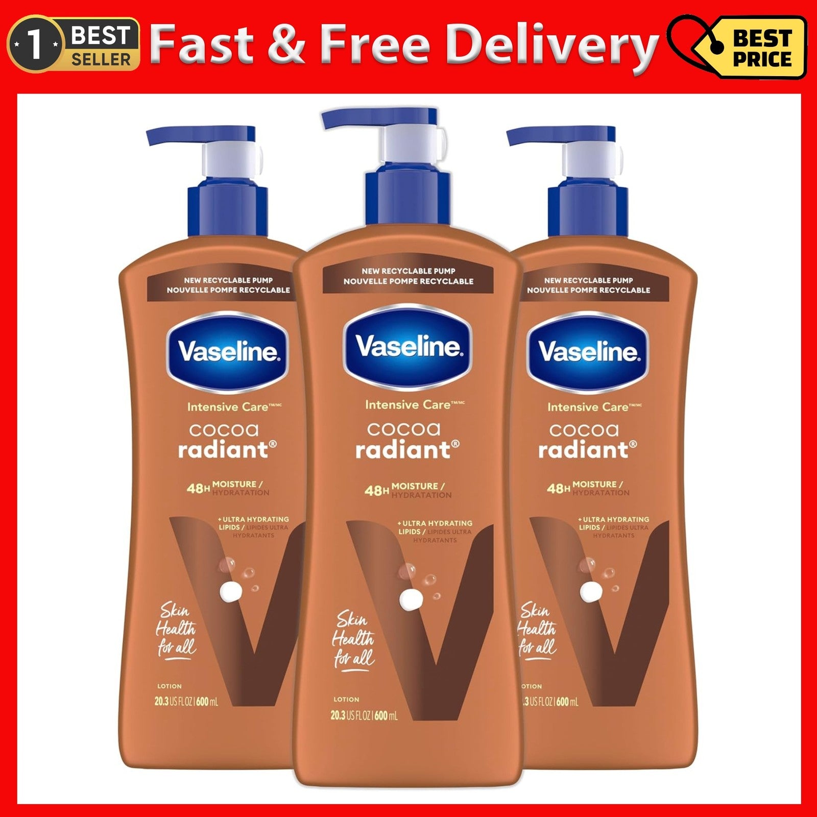 3 Vaseline Intensive Care Body Lotion for Dry Skin Cocoa Radiant Lotion 20.3 Oz