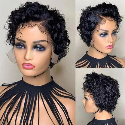 Suwequest Pixie Cut Wig Short Bob Curly Human Hair Wigs Transparent Lace Natural Color Water Wave Human Hair Wigs