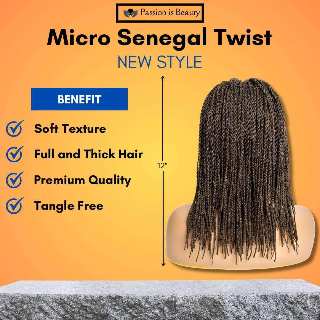 PIB 12” Single Full Lace Braid Wig – Micro Senegal Twist Braided Wig, Knotless Braided Wigs for Black Women (#1B27, off Black and Light Brown)