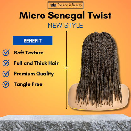 PIB 12” Single Full Lace Braid Wig – Micro Senegal Twist Braided Wig, Knotless Braided Wigs for Black Women (#1B27, off Black and Light Brown)