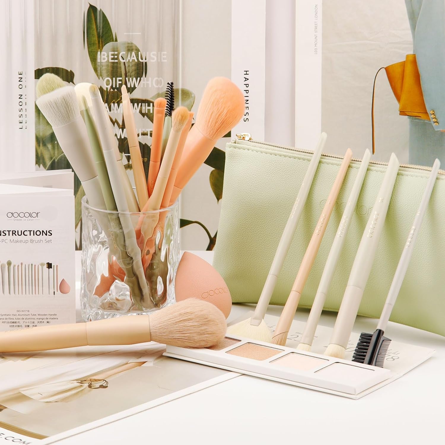Makeup Brushes 17 Pcs with Makeup Bag and Makeup Sponge and Brush Protector Morandi Makeup Brush 