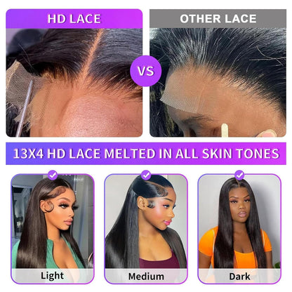 Violly 28 Inch 13X4 Lace Front Wigs Human Hair Straight HD Transparent Wigs for Women 180 Density Straight Lace Frontal Human Hair Wigs Pre Plcked with Baby Hair Natural Black