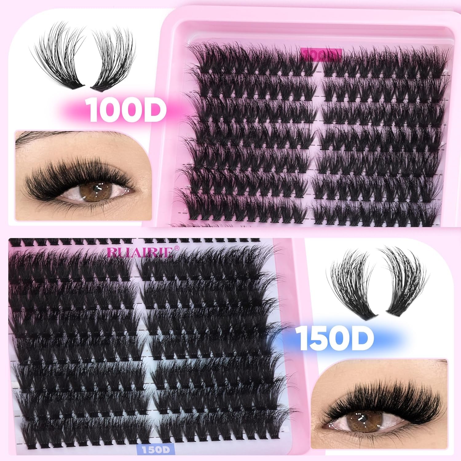 Lash Extension Kit Full Lash Clusters Kit 280Pcs Volume Eyelash Extension Kit 100D/150D 2 Styles Eyelash Clusters Kit Bond and Seal Lash Glue with Tweezers Thick Individual Lashes Kit by Ruairie