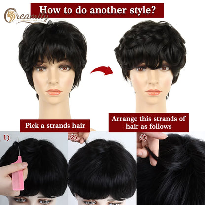 Short Wigs for Black Women Synthetic Black Pixie Cut Wigs Black Pixie Wigs with Bangs Wefted Wig Caps