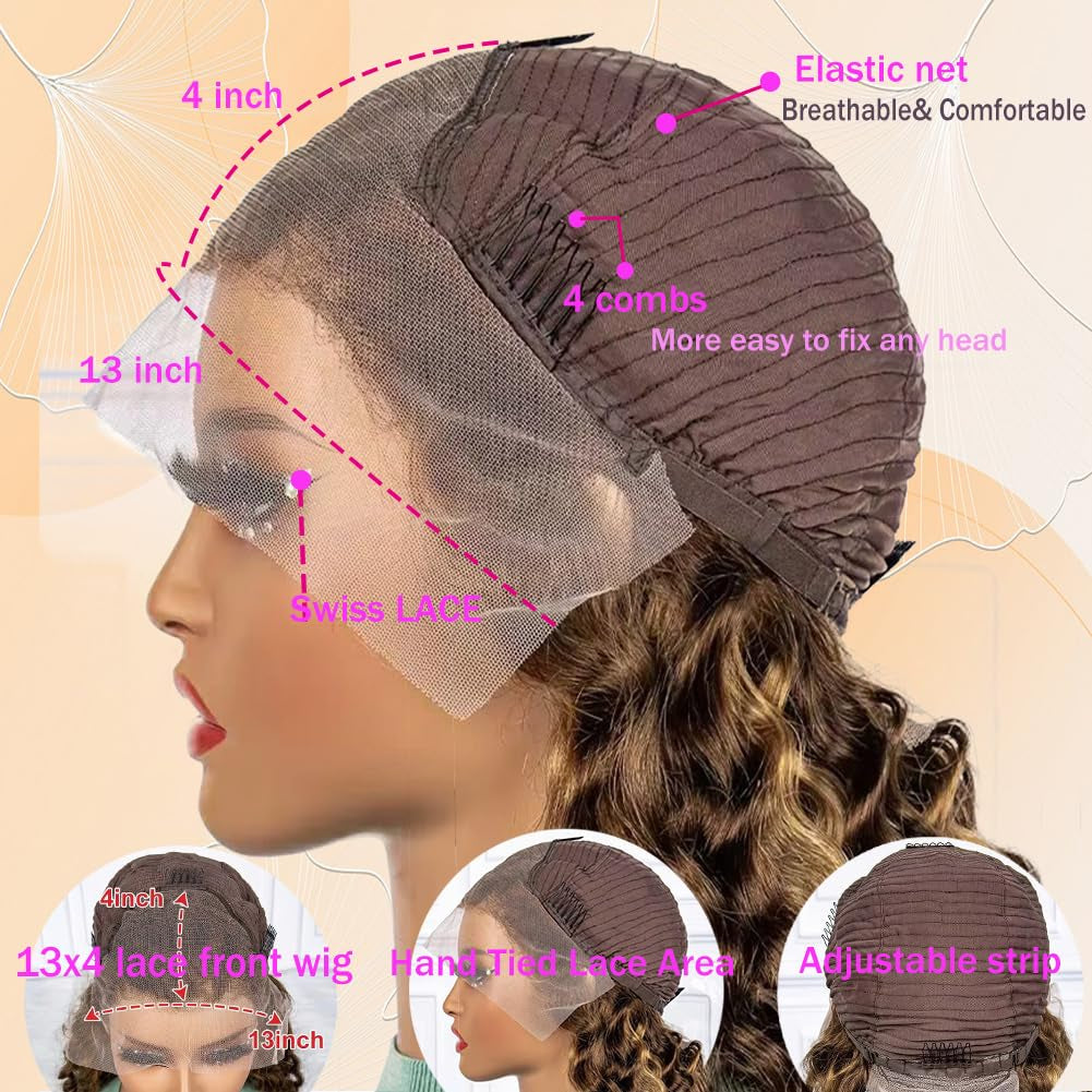 Honey Blonde 13X4 Deep Wave Lace Front Wigs Human Hair Pre Plucked with Baby Hair 4/27 Highlight Glueless HD Transparent Lace Frontal Wigs for Black Women 180 Density (26 Inch)