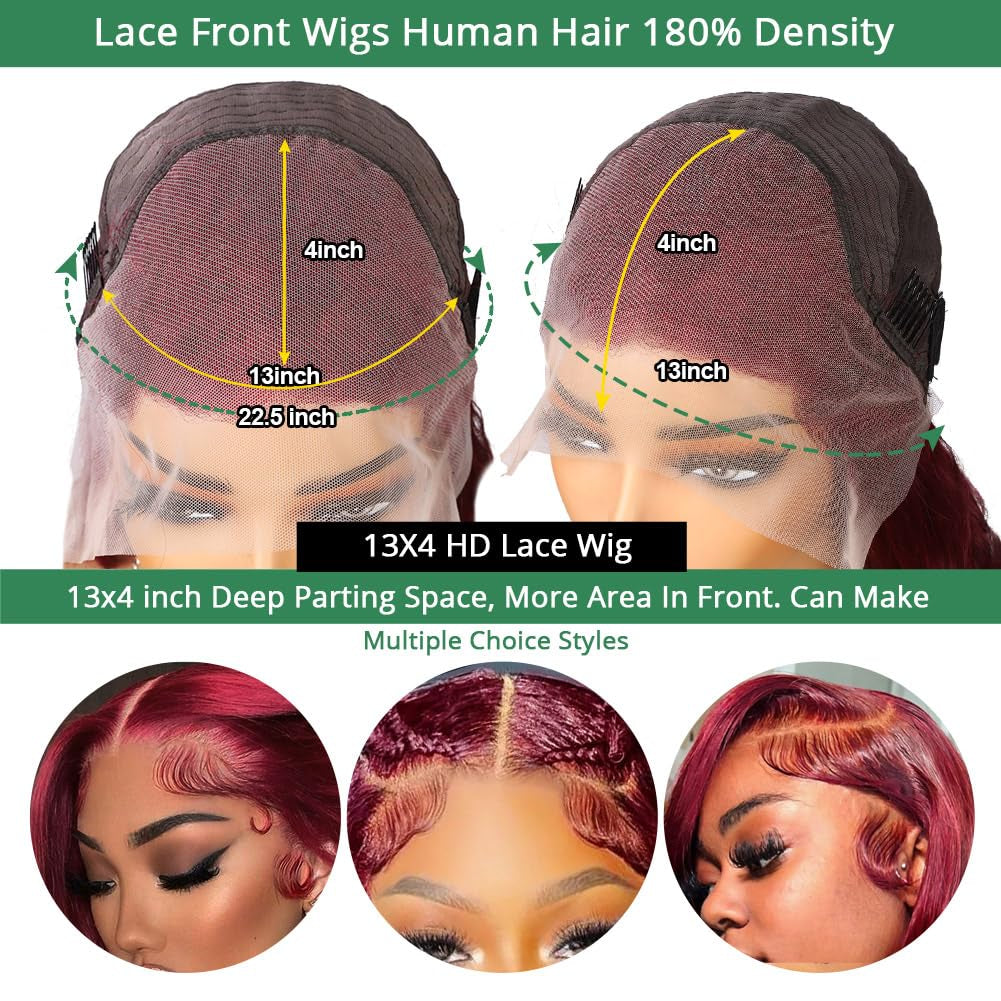 Sweetie 99J Burgundy 13X4 Lace Front Wigs Human Hair 180% Density 28 Inch Straight Lace Front Wigs Human Hair Wig for Women with Baby Hair