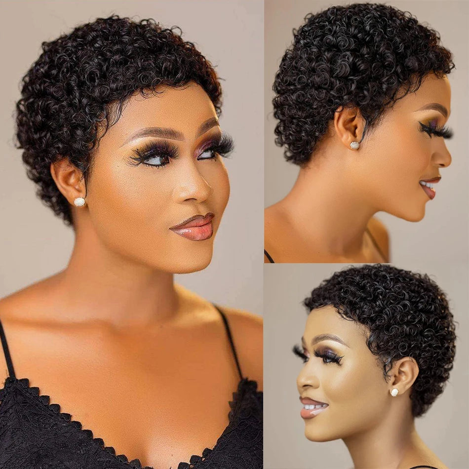 Short Afro Kinky Curly Pixie Cut Wigs for Women Human Hair Malaysian Remy 180% Density Human Hair Wigs Machine Made Wig