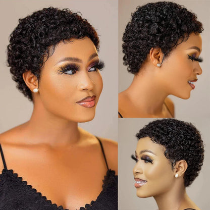 Short Afro Kinky Curly Pixie Cut Wigs for Women Human Hair Malaysian Remy 180% Density Human Hair Wigs Machine Made Wig