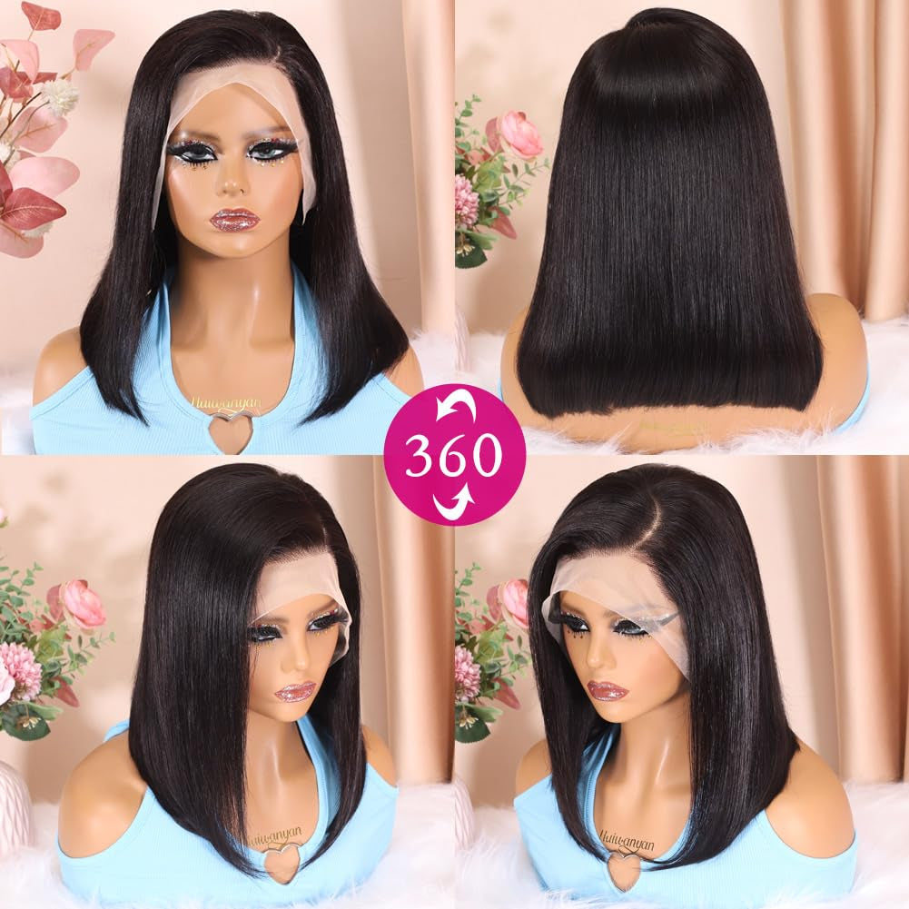 1 of HUIWANYAN Bob Wig Human Hair 14 Inch Nature Black and 1 of HUIWANYAN Bob Wig Human Hair 10 Inch Nature Black