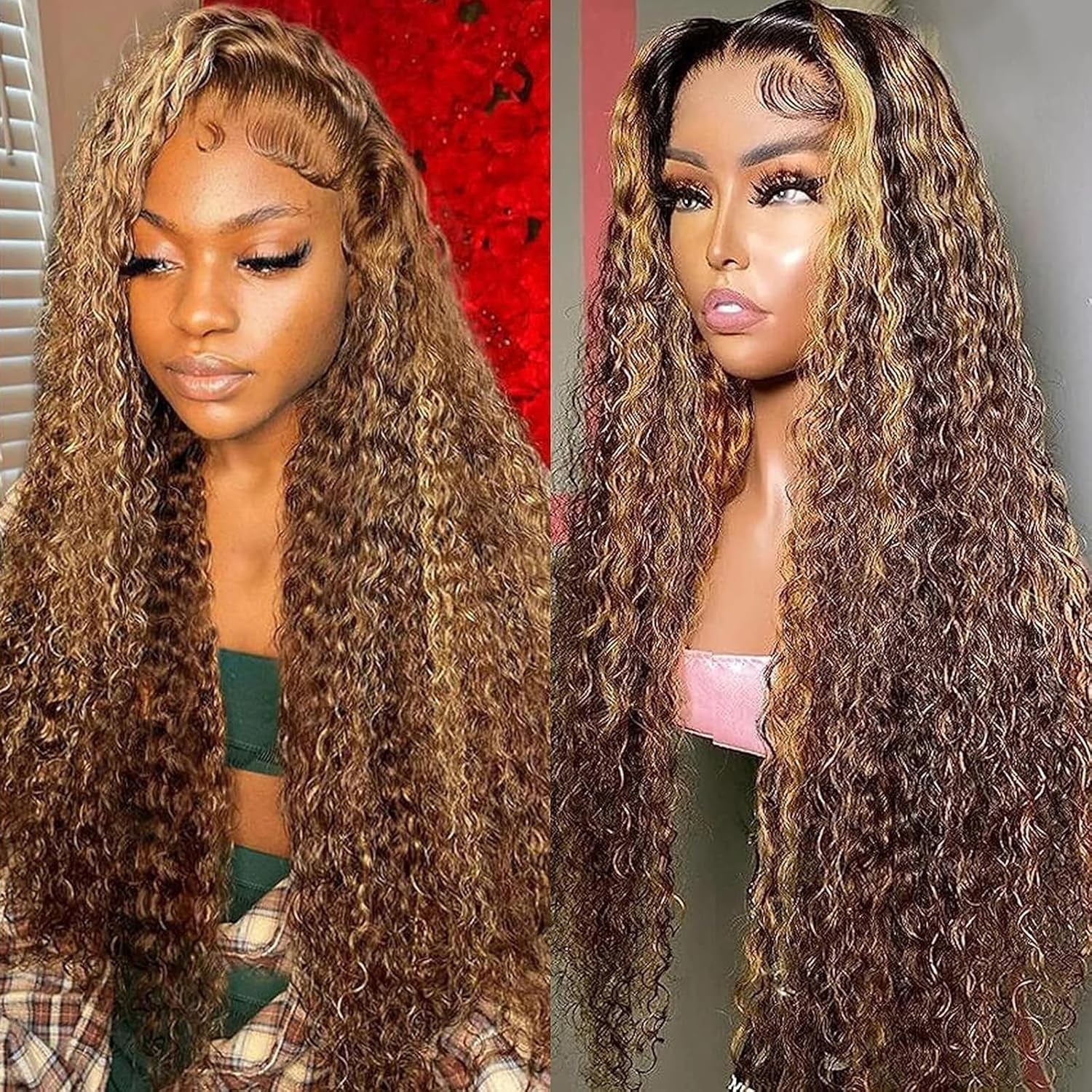 Chocolate 20 Inch Curly Human Hair Wig 13X6 Lace Frontal Deep Wave Human Hair Wig Pre Plucked Pre Cut Lace Frontal Glueless Wigs Elastic Band 200% Density