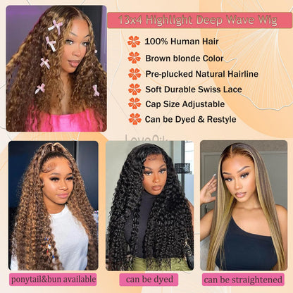 Honey Blonde 13X4 Deep Wave Lace Front Wigs Human Hair Pre Plucked with Baby Hair 4/27 Highlight Glueless HD Transparent Lace Frontal Wigs for Black Women 180 Density (26 Inch)