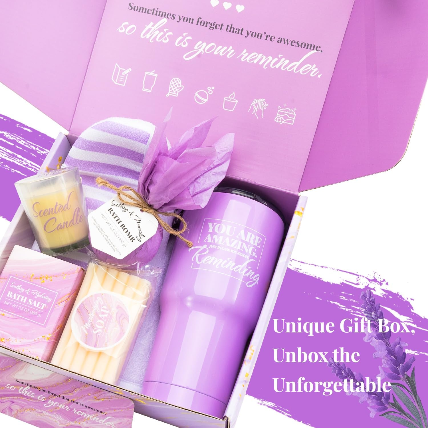 BODY & EARTH Self Care Gifts for Women Get Well Soon Gifts, Purple Birthday Gift Baskets, 8Pcs Lavender Bath and Body Sets with 20Oz Vacuum Insulated Tumbler Mother'S Day Gifts for Mom