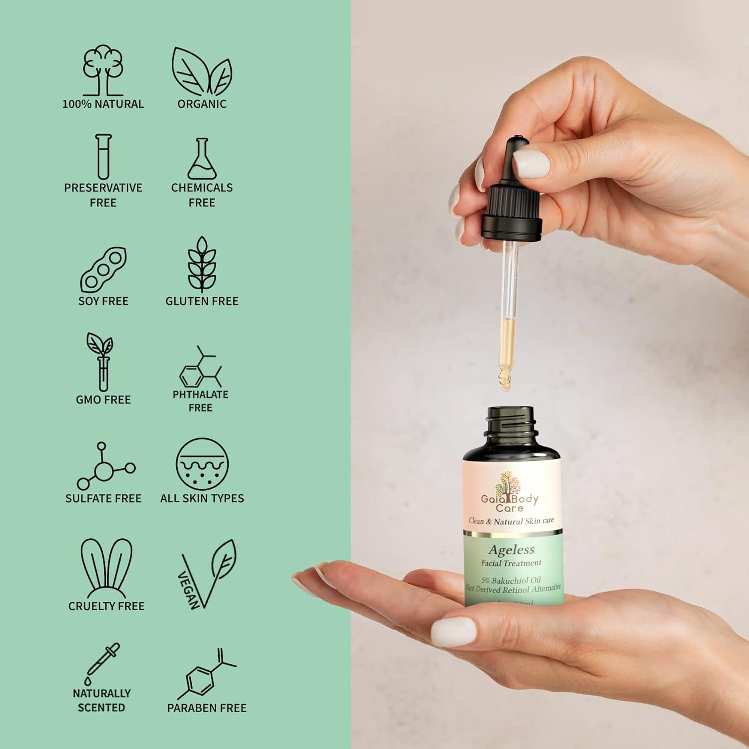 Gaia Body Care 5% Bakuchiol Oil Organic - anti Aging, anti Wrinkle, Reduces Fine Lines, Smooths Skin, Hydrates - Botanical Vegan - Natural Retinol Alternative Facial Oil (1Oz, Rose)