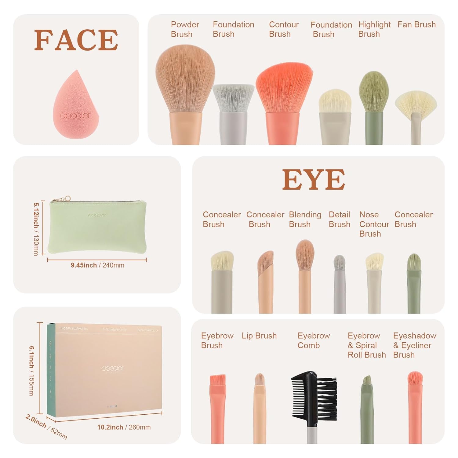 Makeup Brushes 17 Pcs with Makeup Bag and Makeup Sponge and Brush Protector Morandi Makeup Brush 