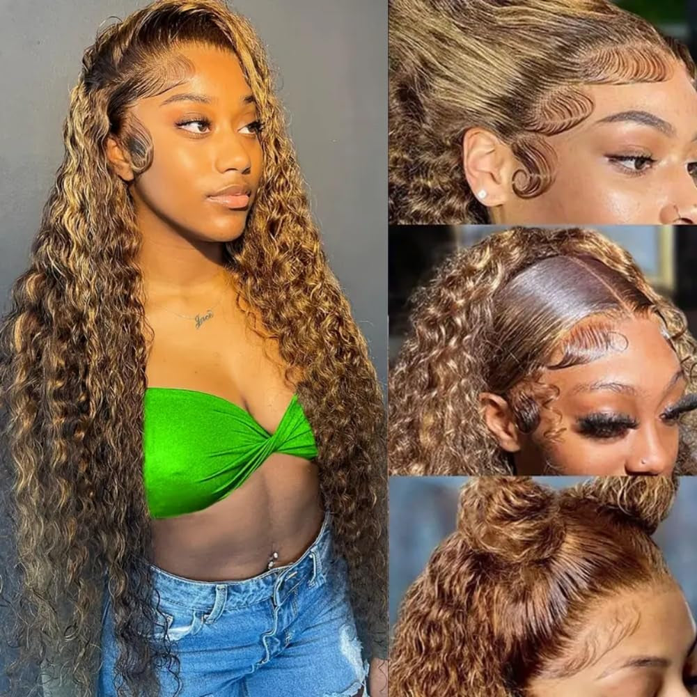 Honey Blonde 13X4 Deep Wave Lace Front Wigs Human Hair Pre Plucked with Baby Hair 4/27 Highlight Glueless HD Transparent Lace Frontal Wigs for Black Women 180 Density (26 Inch)