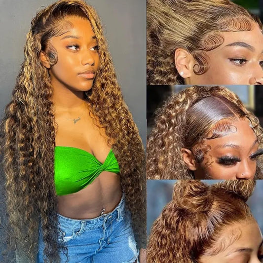 Honey Blonde 13X4 Deep Wave Lace Front Wigs Human Hair Pre Plucked with Baby Hair 4/27 Highlight Glueless HD Transparent Lace Frontal Wigs for Black Women 180 Density (26 Inch)