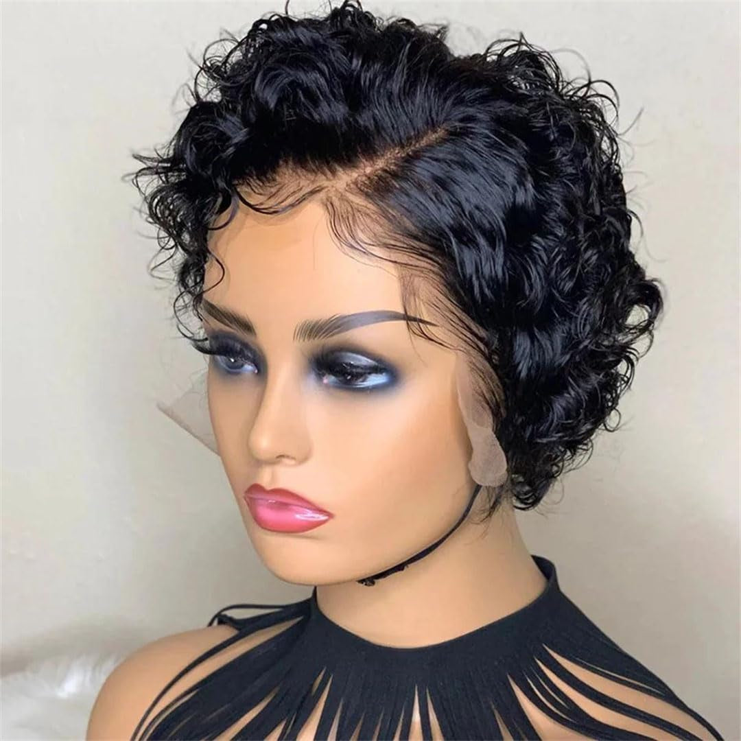 Suwequest Pixie Cut Wig Short Bob Curly Human Hair Wigs Transparent Lace Natural Color Water Wave Human Hair Wigs
