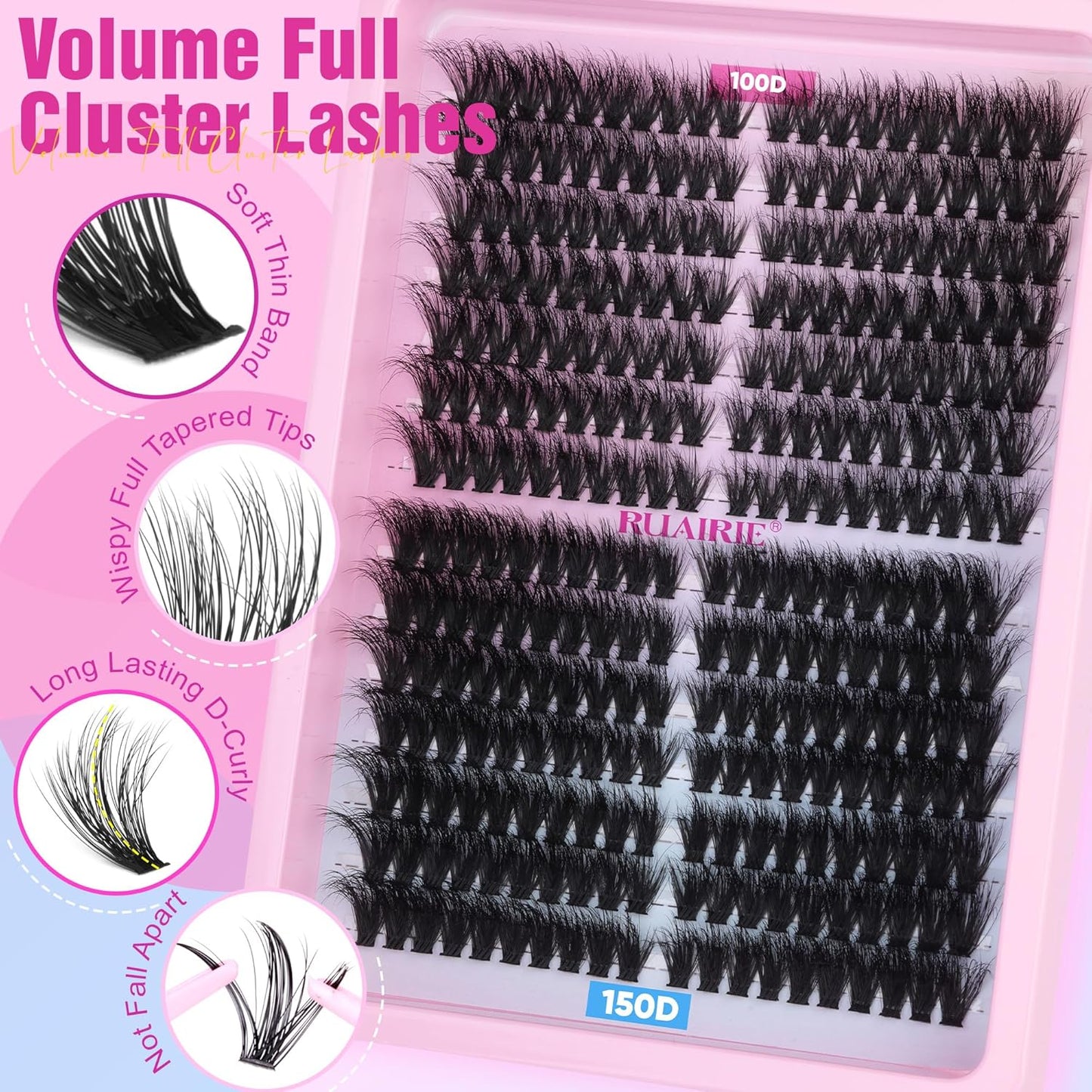 Lash Extension Kit Full Lash Clusters Kit 280Pcs Volume Eyelash Extension Kit 100D/150D 2 Styles Eyelash Clusters Kit Bond and Seal Lash Glue with Tweezers Thick Individual Lashes Kit by Ruairie