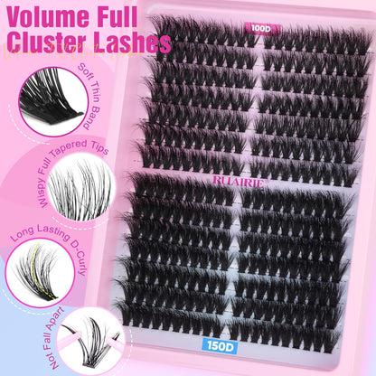 Lash Extension Kit Full Lash Clusters Kit 280Pcs Volume Eyelash Extension Kit 100D/150D 2 Styles Eyelash Clusters Kit Bond and Seal Lash Glue with Tweezers Thick Individual Lashes Kit by Ruairie