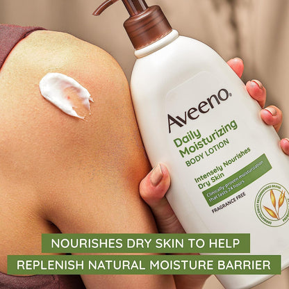 Aveeno Daily Moisturizing Body Lotion for Dry and Sensitive Skin with Prebiotic Oat - Fragrance and Paraben Free, Non-Greasy, Non-Comedogenic, 48-Hour Hydration, 18 Fl Oz