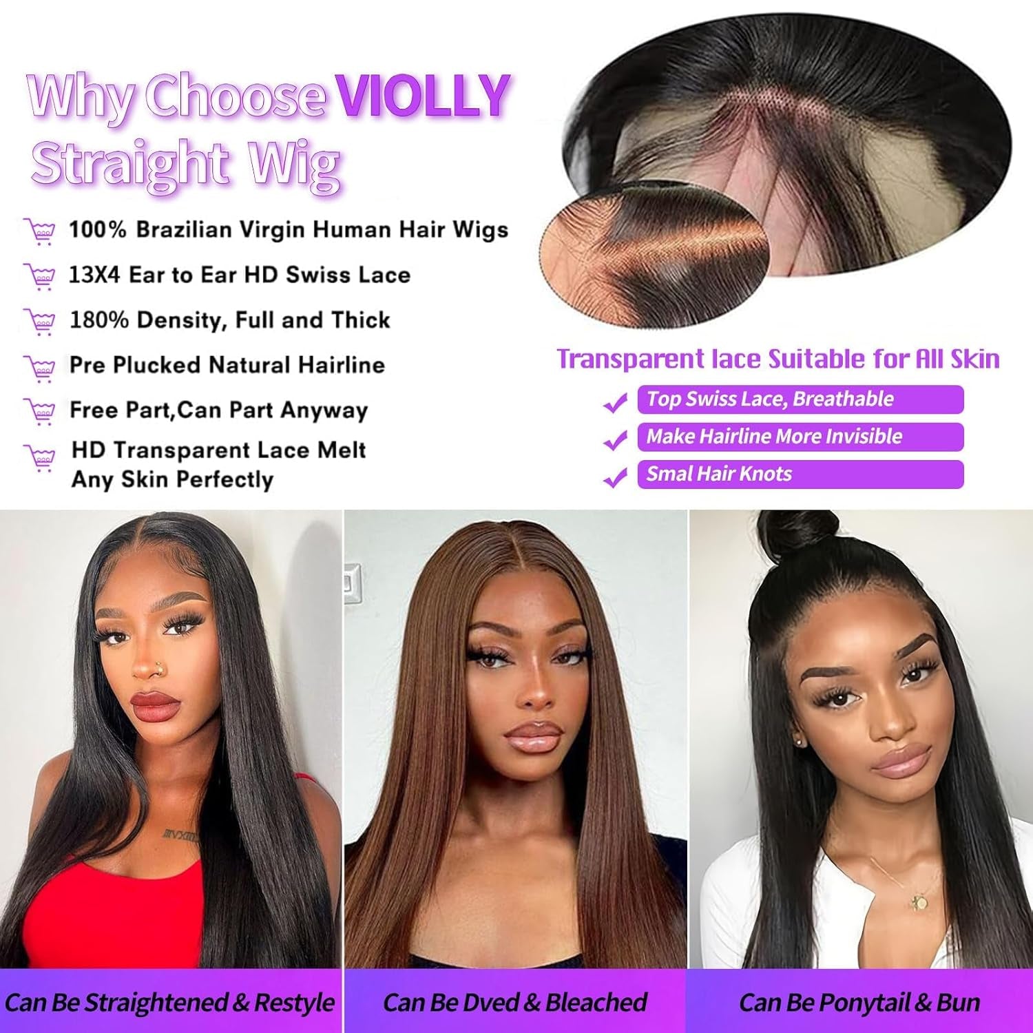 Violly 28 Inch 13X4 Lace Front Wigs Human Hair Straight HD Transparent Wigs for Women 180 Density Straight Lace Frontal Human Hair Wigs Pre Plcked with Baby Hair Natural Black