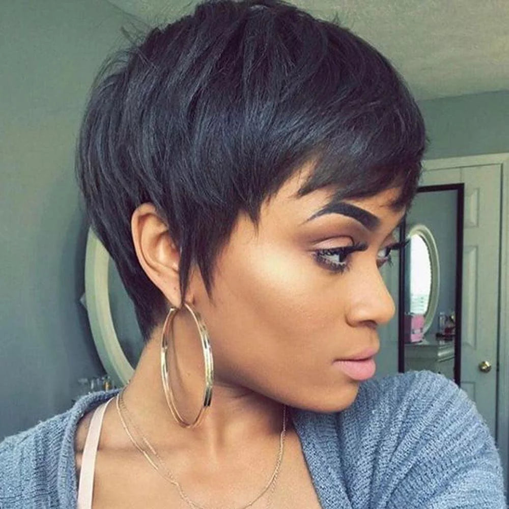 Short Wigs for Black Women Synthetic Black Pixie Cut Wigs Black Pixie Wigs with Bangs Wefted Wig Caps