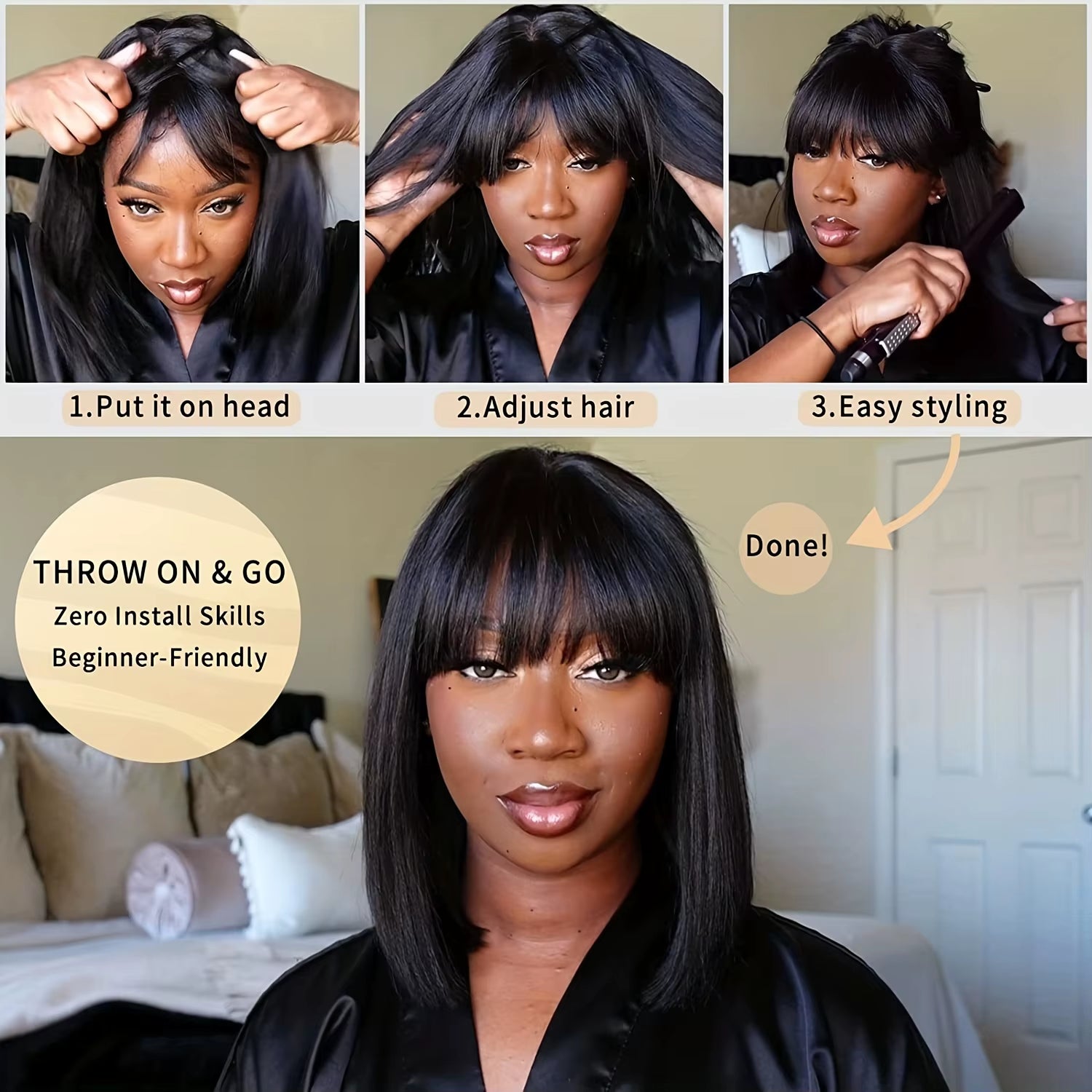 Cheap Brazilian Hair Wigs with Bangs 3X1 HD Lace Wigs Straight Human Hair Wigs Full Machine Made Wig Short Bob Wigs
