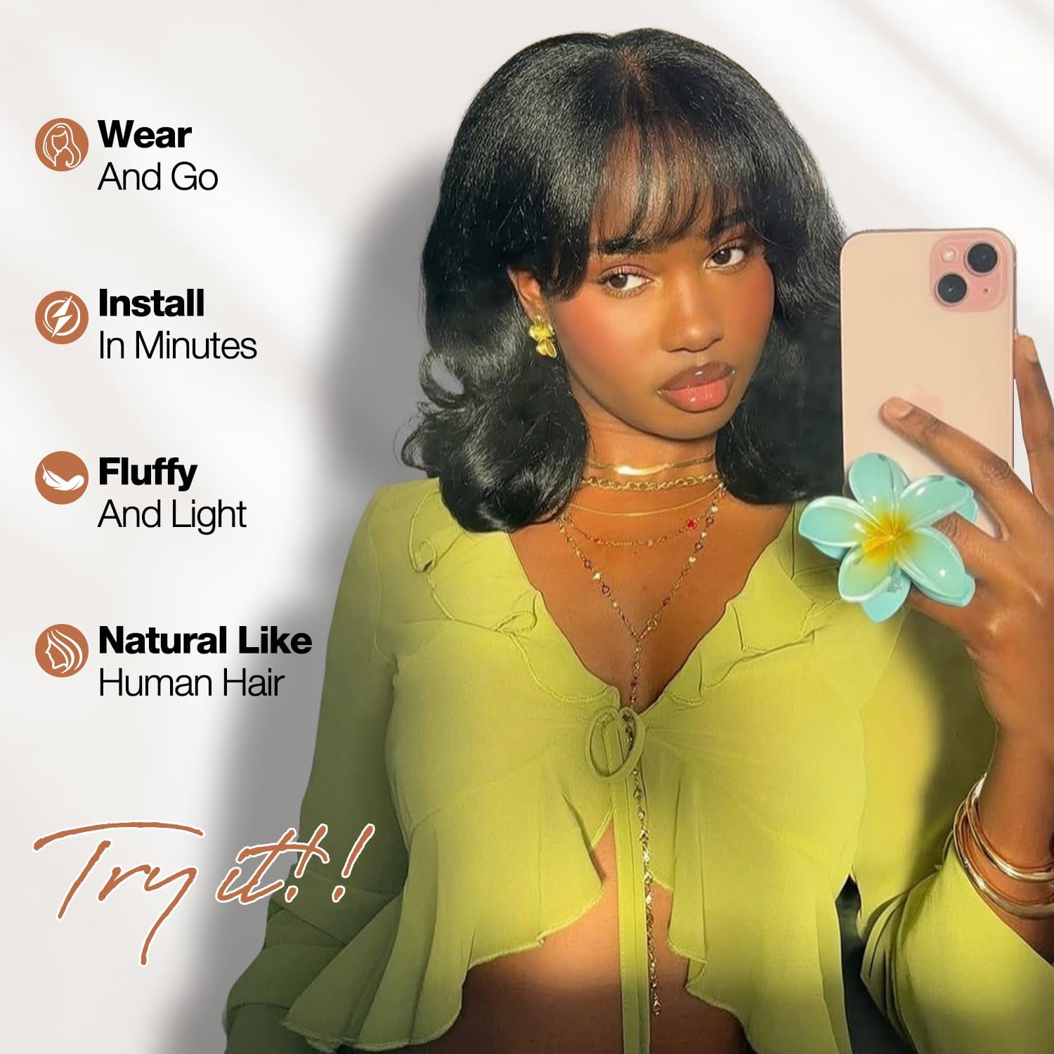 WIGER Yaki Texture Wavy Wig with Bangs