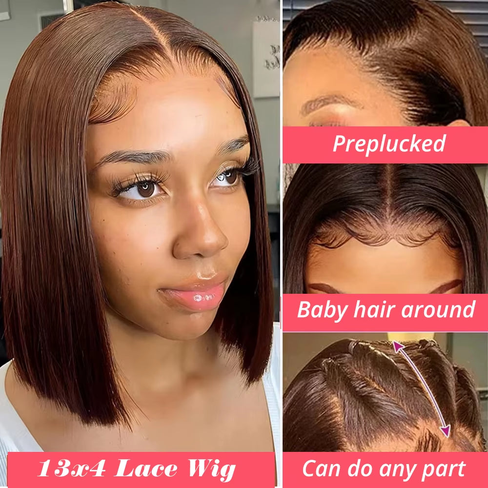 13X4 Lace Front Wig Bob Human Hair Brown Straight 180% Full Density HD Transparent Lace Frontal Wigs Bob Hair Lace Front Wig