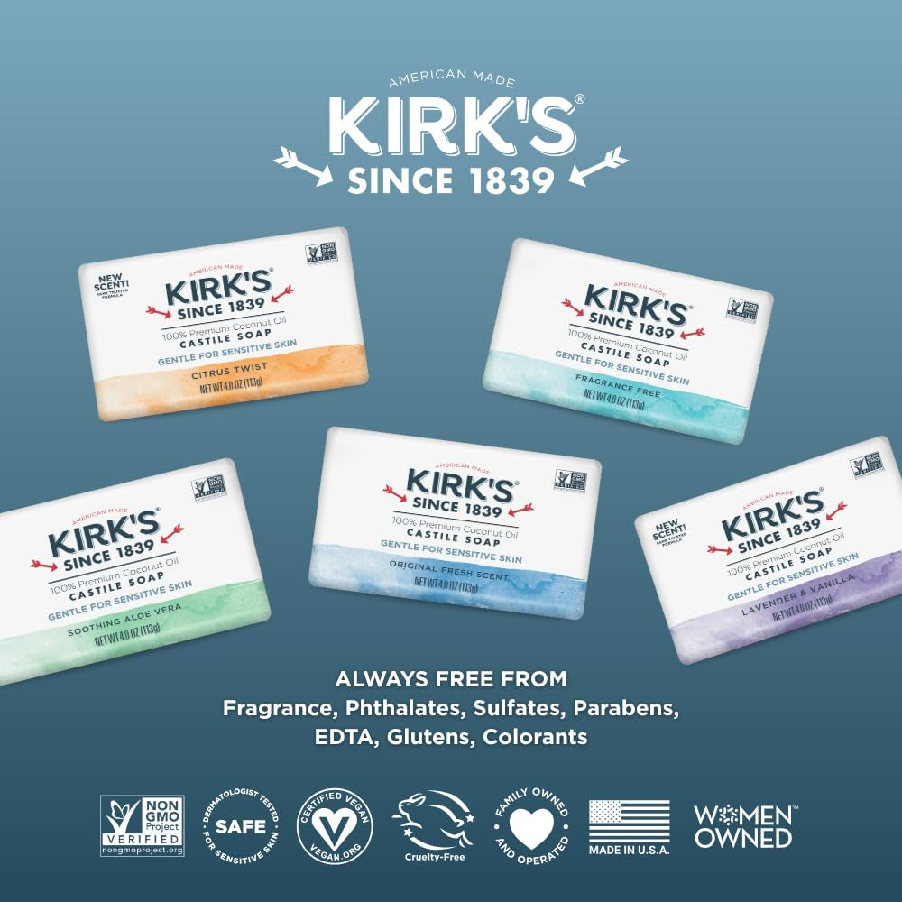 Kirk'S Castile Bar Soap for Men, Women & Children - Made with Premium Coconut Oil, Sensitive Skin Formula- Vegan & Non GMO- Fragrance Free- 4 Oz. Bars 6 Pack