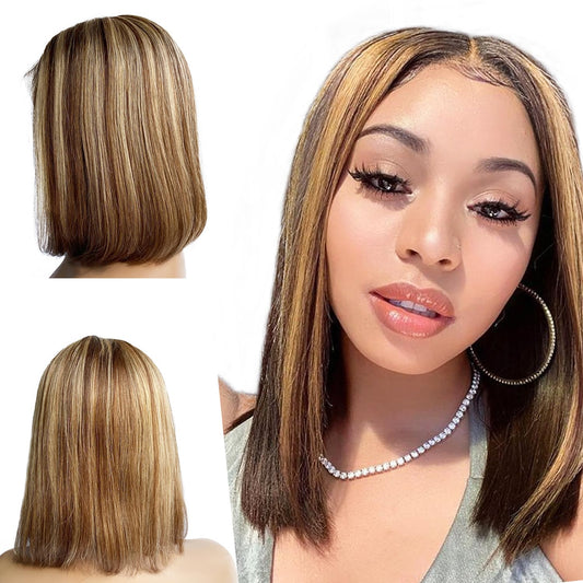 Ombre Bob Wig Human Hair 180% Density 13X4 Lace Front Wigs Pre-Plucked Highlights Wigs for Women 8 Inch