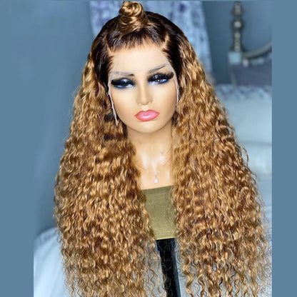 Omber Brown 27 Deep Wave Lace Front Wigs Human Hair Colored Lace Frontal Wig for Women 4X4 HD Lace Blonde Curly Wig Human Hair Pre Plucked with Baby Hair 200% Density, 28 Inch