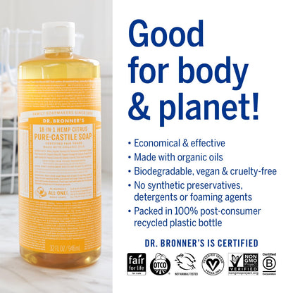 Dr. Bronner'S Magic Soap-Pure-Castile Liquid Soap (Citrus, 32 Ounce, 2-Pack)-Regenerative Organic Certified Oils, 18-In-1 Uses: Body, Hair, Laundry, Pets & Dishes, Concentrated, Vegan, Non-Gmo