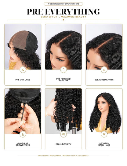 7X6 Burmese Curly Drawstring Wig 