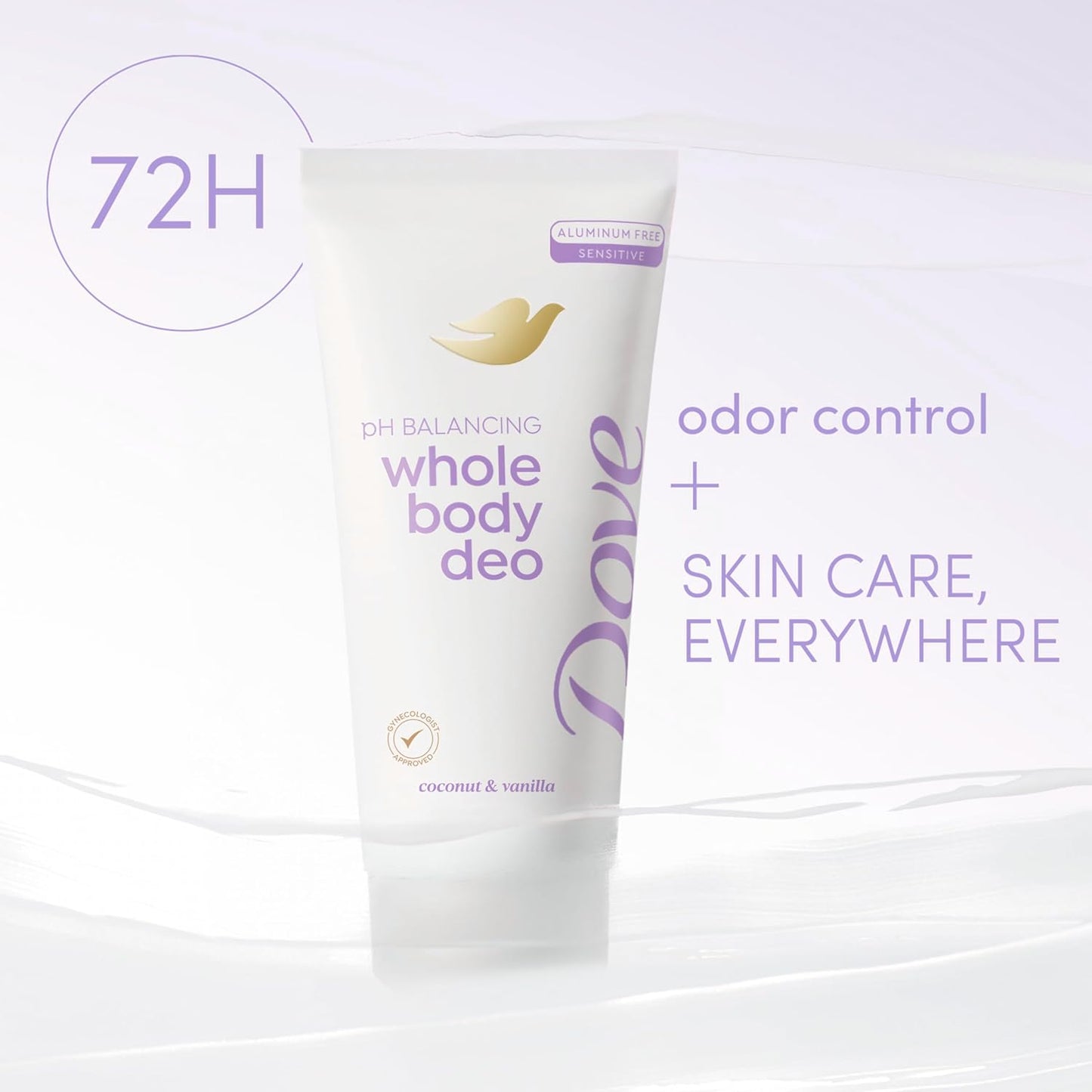 Dove Whole Body Deo Aluminum Free Ph Balancing Cream Deodorant Coconut & Vanilla for 72H Odor Control 2.5 Oz