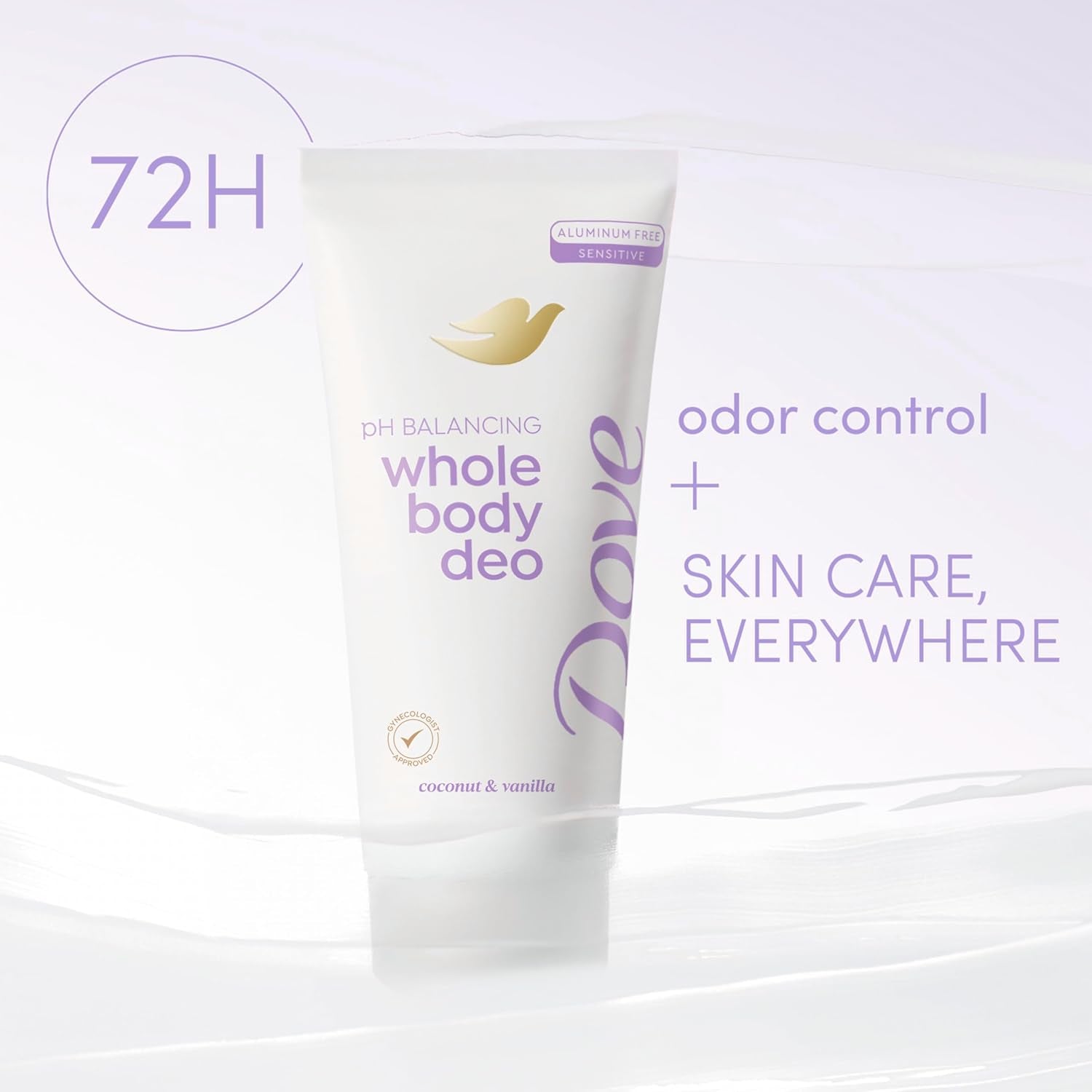 Dove Whole Body Deo Aluminum Free Ph Balancing Cream Deodorant Coconut & Vanilla for 72H Odor Control 2.5 Oz