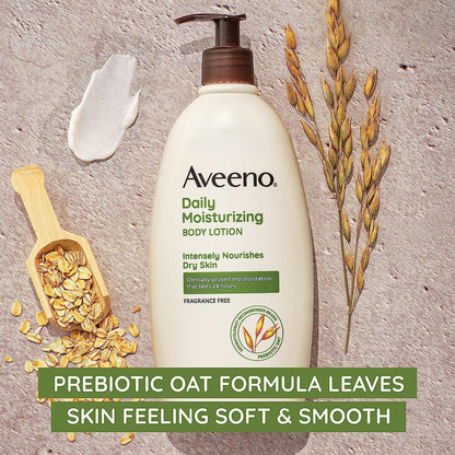 Aveeno Daily Moisturizing Body Lotion for Dry and Sensitive Skin with Prebiotic Oat - Fragrance and Paraben Free, Non-Greasy, Non-Comedogenic, 48-Hour Hydration, 18 Fl Oz